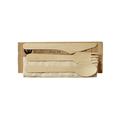 Kit couverts bois fourchette + couteau + cuillère + serviette 500pcs