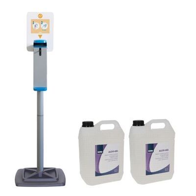 PROMO: Station d'hygiene des mains Doria avec distributeur réchargable au coude - 1000 ml + 2 x 5L Alco-Gel