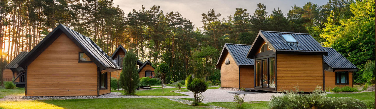 een vakantiepark waar kleine luxehuisjes te huur zijn in een bosrijke omgeving