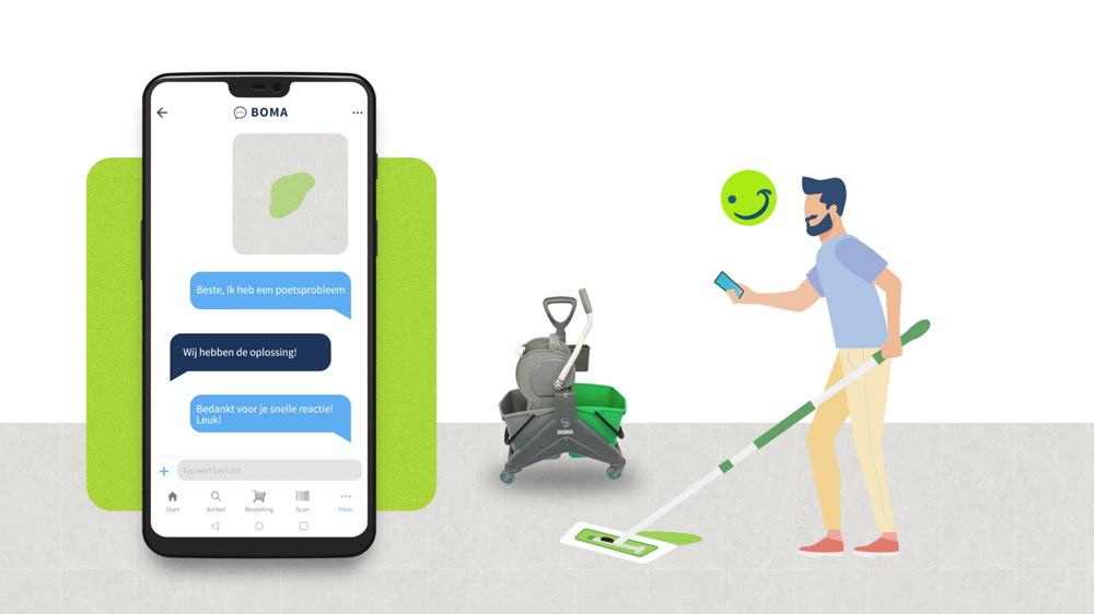 Illustratie van een schoonmaker met een telefoon in zijn handen, naast een illustratie van een uitve