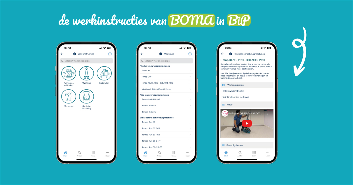 Illustraties van mobiele telefoons met screenshots van de werkinstructies in BiP