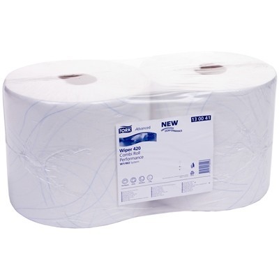 771054: Tork Premium Wiping Plus poetspapier - 2 laags - 255 m x 23,5 cm - 2 rollen - WIT - 130041